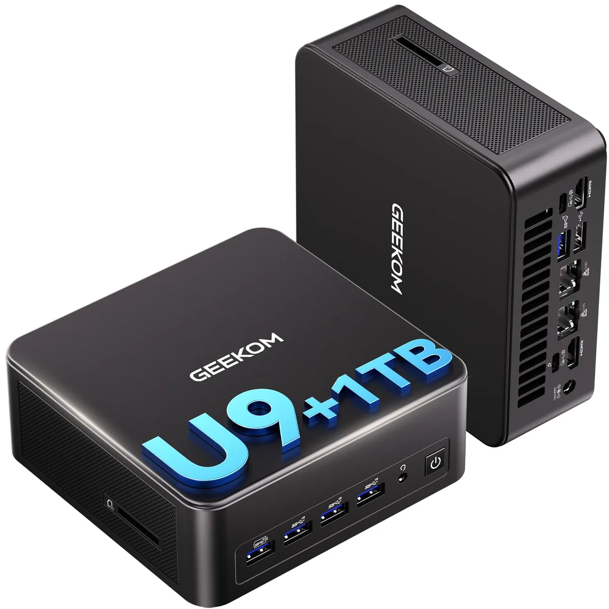 Small black mini PC with a USB mouse