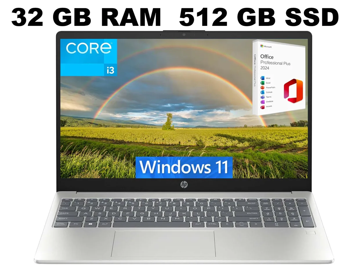 HP HP 15 Laptop i3-N305 8-core 32GB 512GB SSD Windows 11 Office 2024 Silver — photo du produit