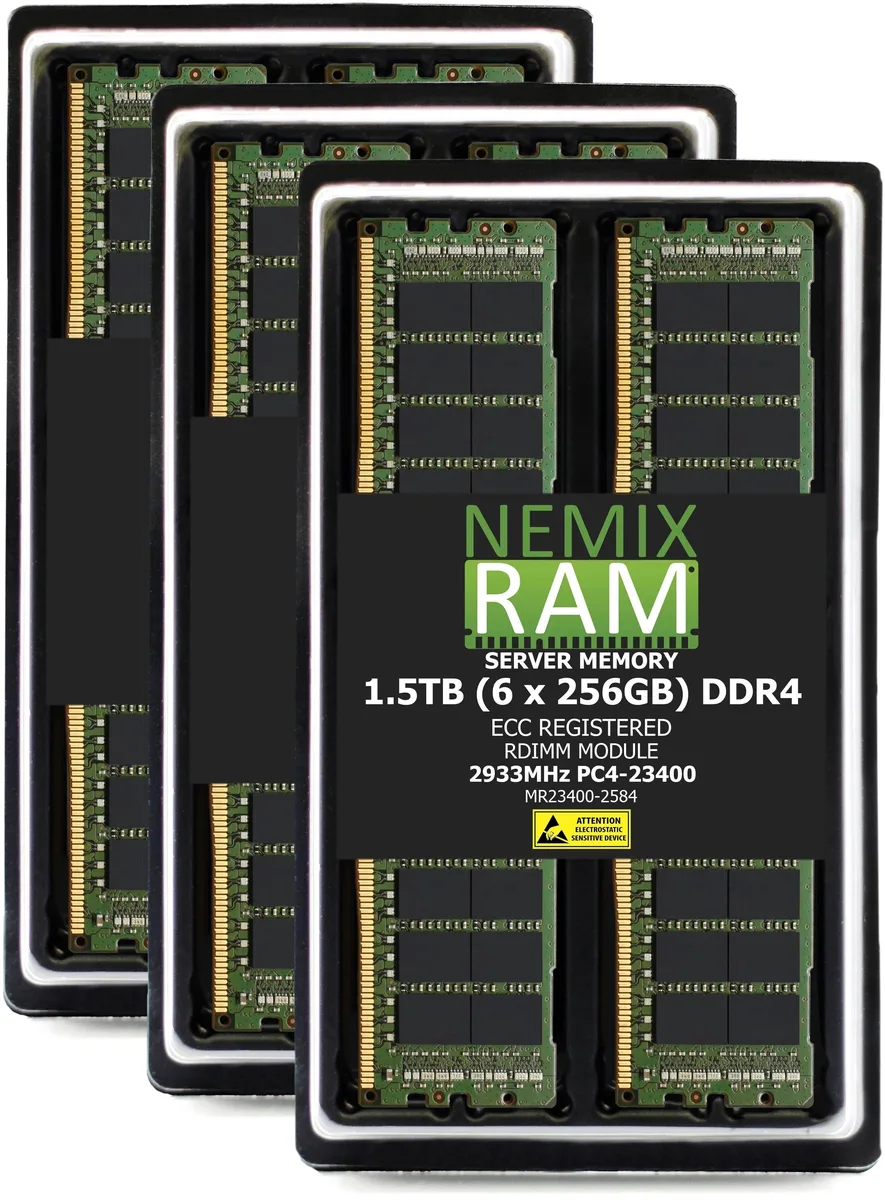 Six green DDR4 RDIMM modules with silver heat spreaders and gold contacts