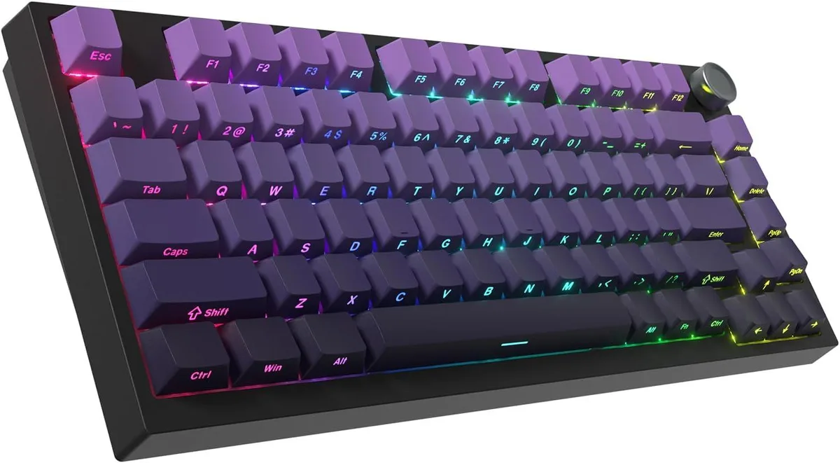 Compact purple 75 percent wireless mechanical keyboard with knob and RGB backlight