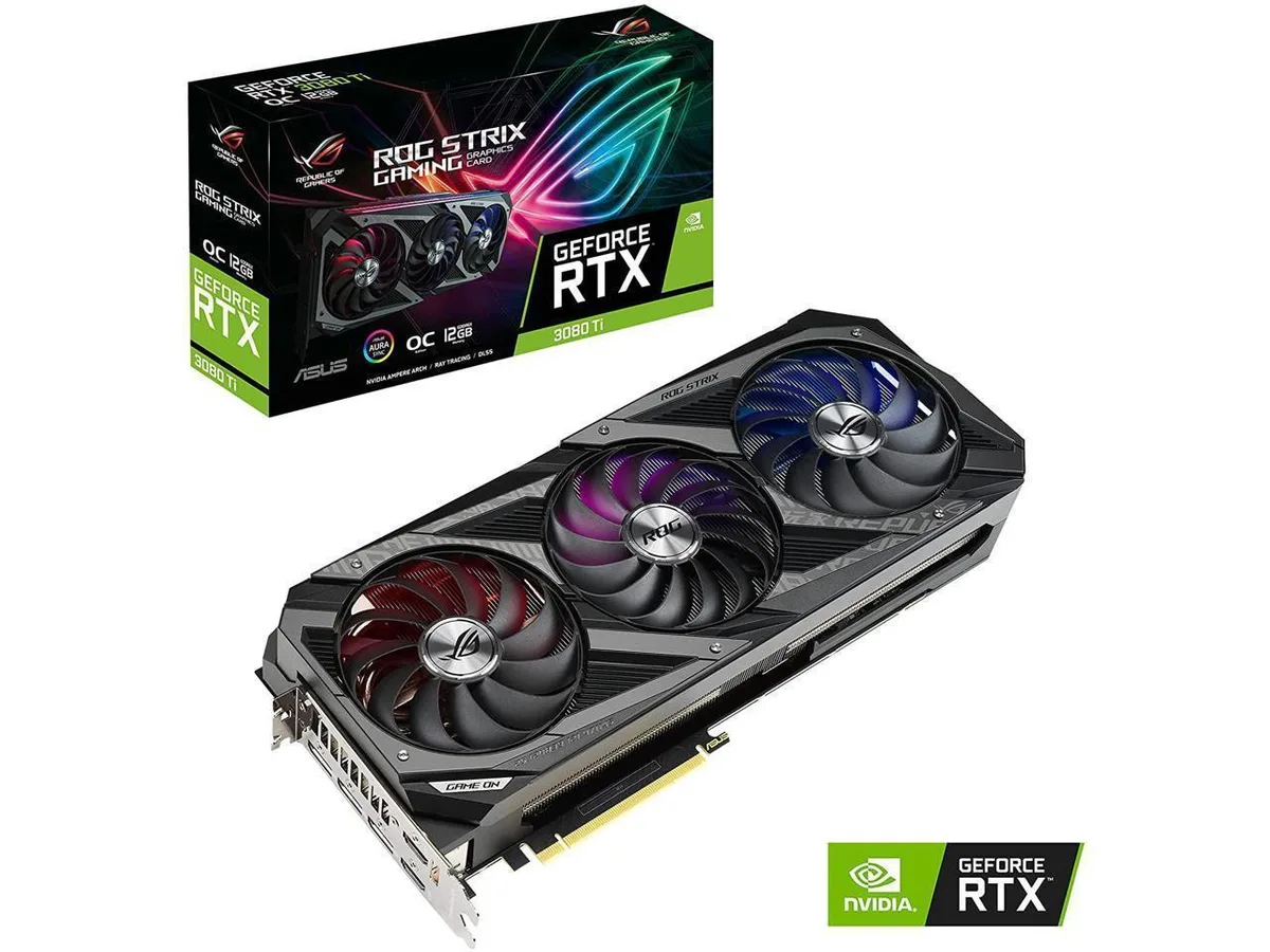 Large black graphics card with three axial fans and thick heatsink visible from front