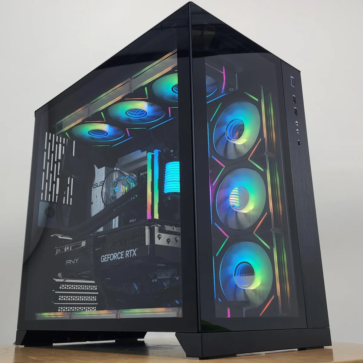 Black Lian Li O11 Dynamic case with 360mm RGB AIO cooler and RTX 5070 Ti graphics card