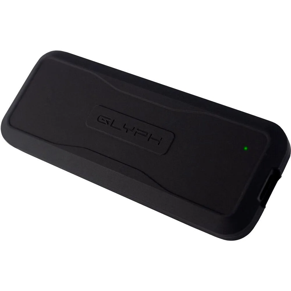 Rectangular silver metal SSD with rounded edges and USB-C port visible