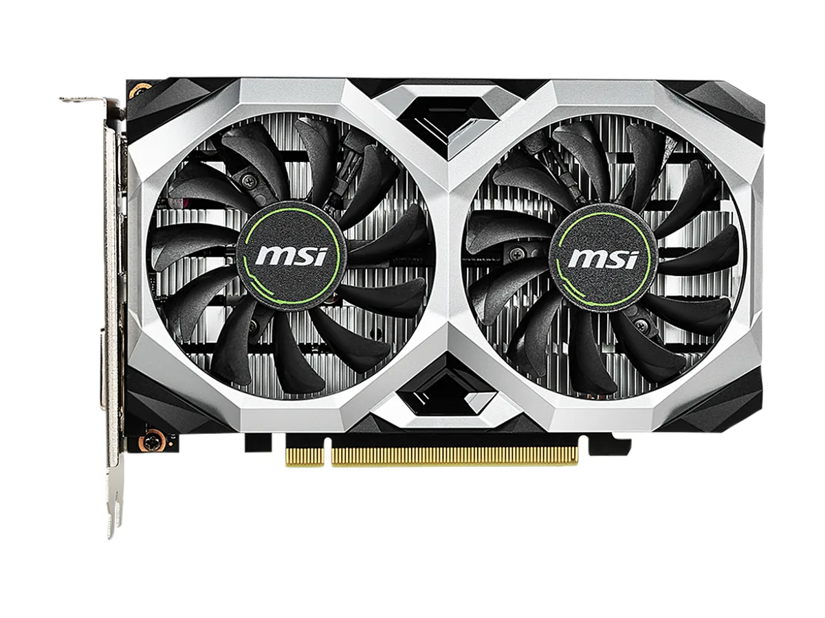 Compact dual-fan graphics card in black and grey finish