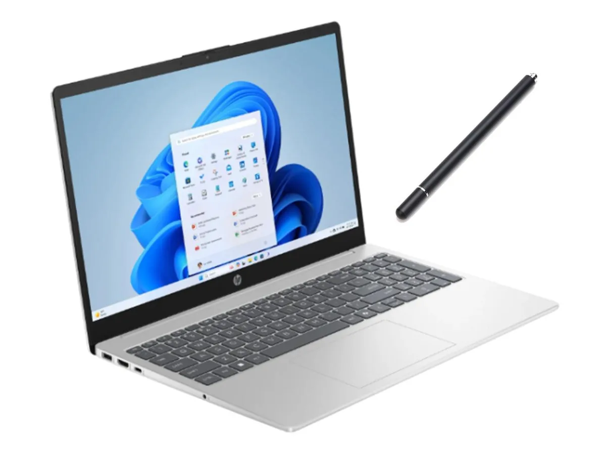 Silver HP 15.6 inch touchscreen laptop with included stylus pen