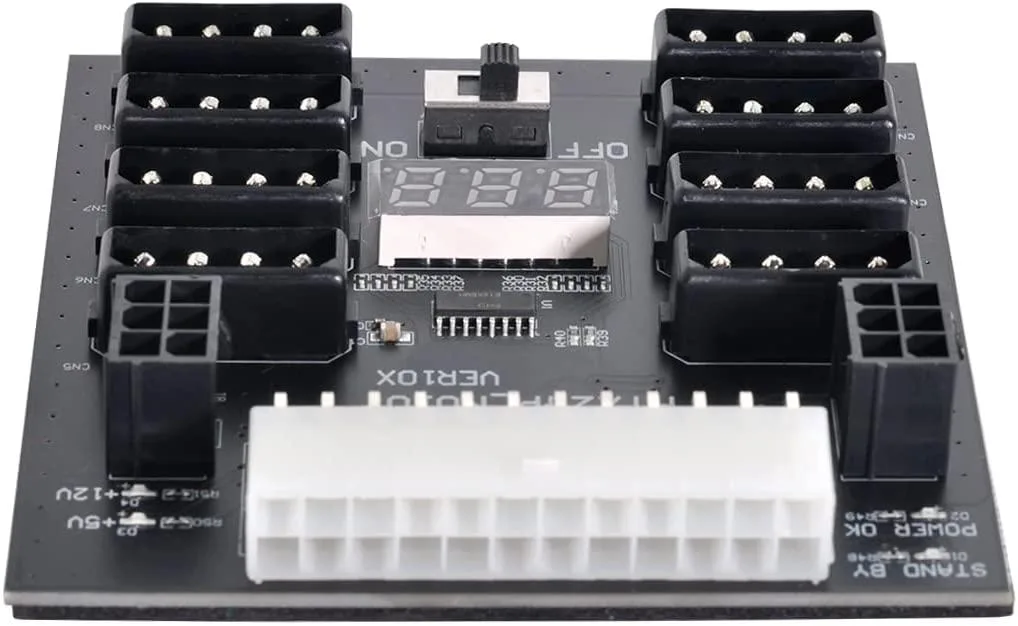 Green circuit board with a 24-pin ATX connector, eight 4-pin IDE and two 6-pin GPU power outputs