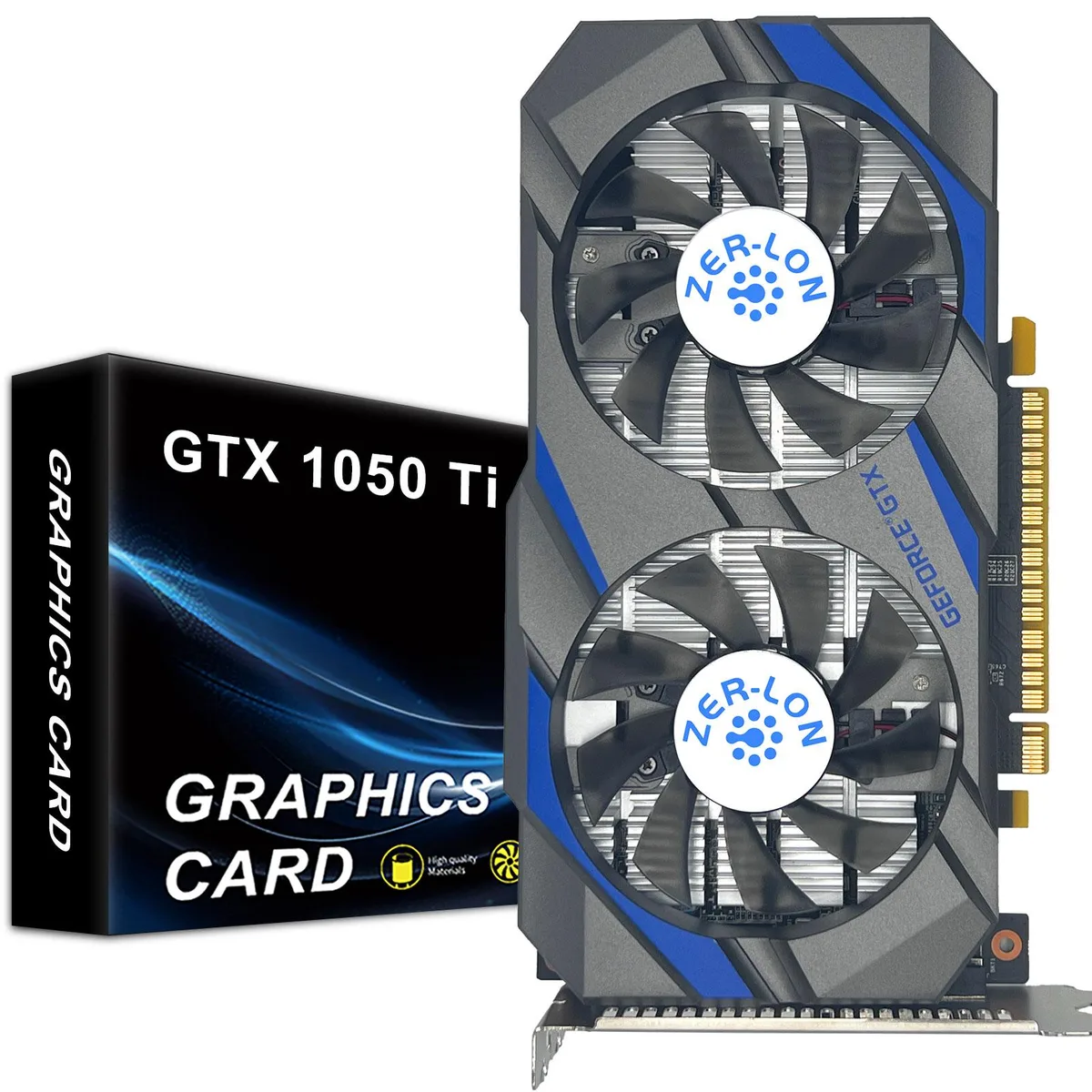 ZER LON GeForce GTX 1050 Ti dual-fan graphics card with silver aluminium heatsink and black PCB