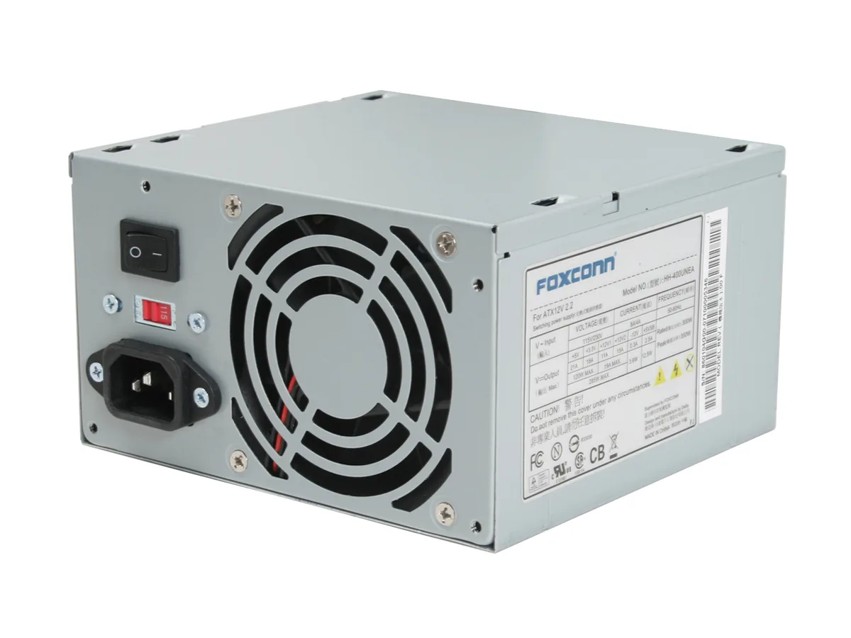 Rectangular metal power supply unit with single cooling fan and fixed cable bundle