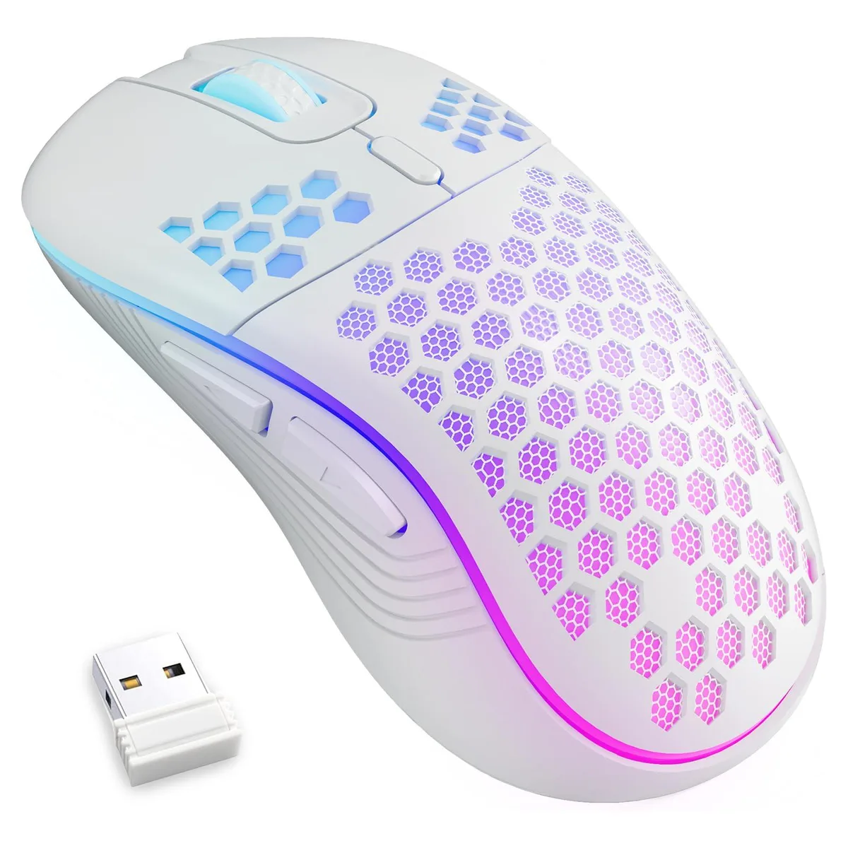 White honeycomb-shell wireless gaming mouse with RGB lighting