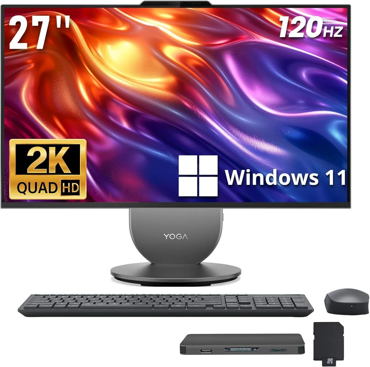 Lenovo Lenovo Yoga 27" QHD 120Hz All-in-One PC, Ultra 7 255H, 16GB DDR5, 2TB SSD+1TB Dock, Arc, Wi-Fi 7, Win 11, Gray — 제품 사진