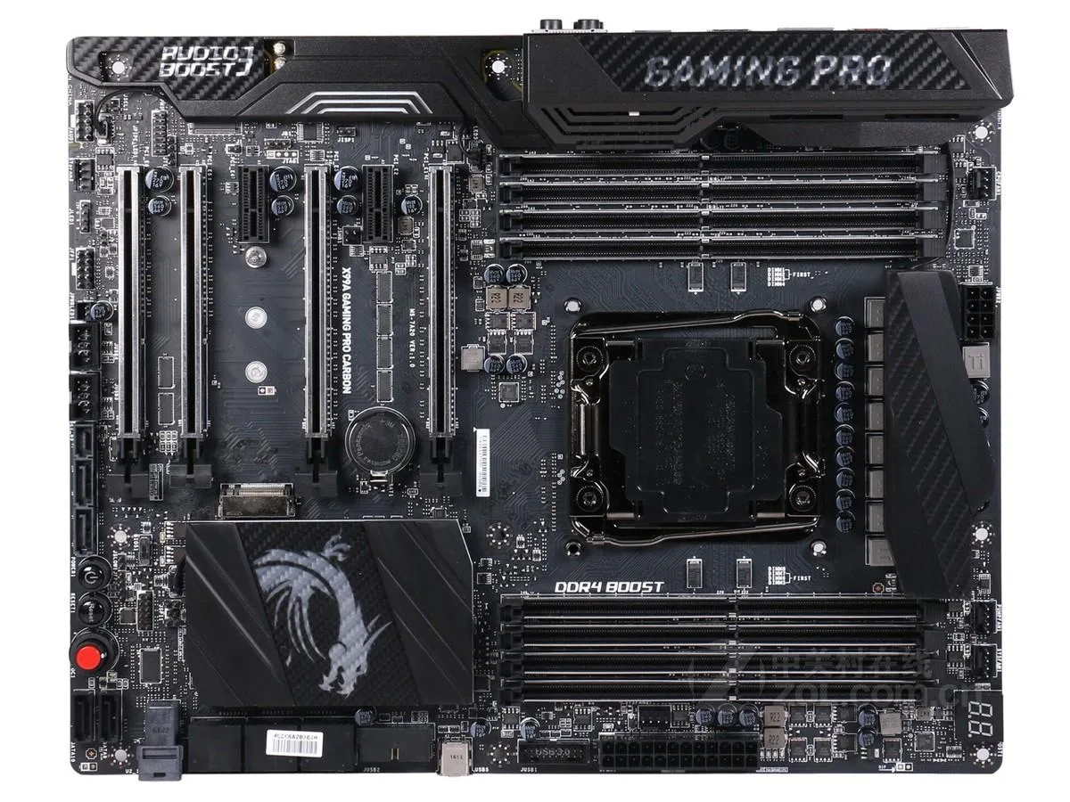Black ATX motherboard with carbon-fibre finish and silver heatsinks