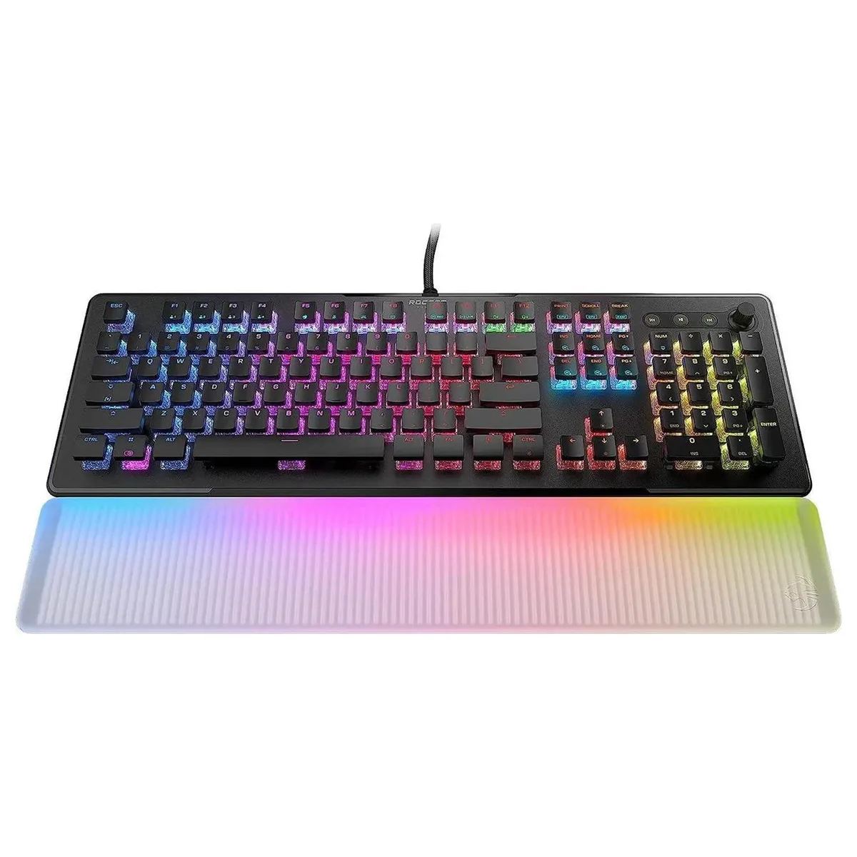 Full-size black gaming keyboard with aluminium top plate and transparent detachable wrist rest