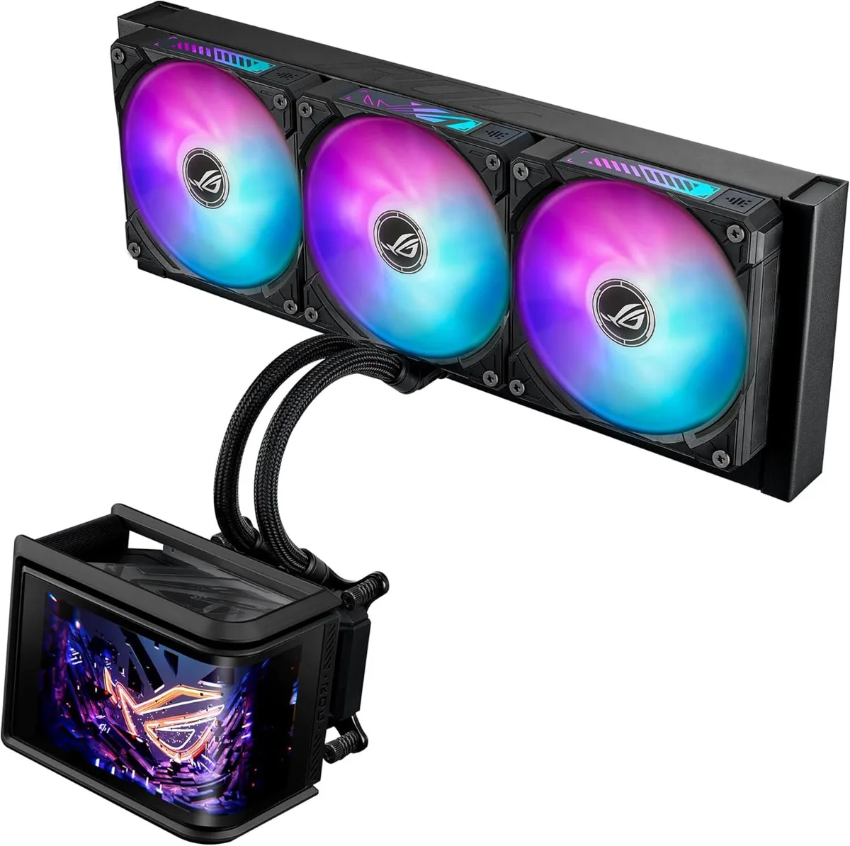 Curved 6.67-inch AMOLED display on white all-in-one liquid cooler with three fans and shortened tubing