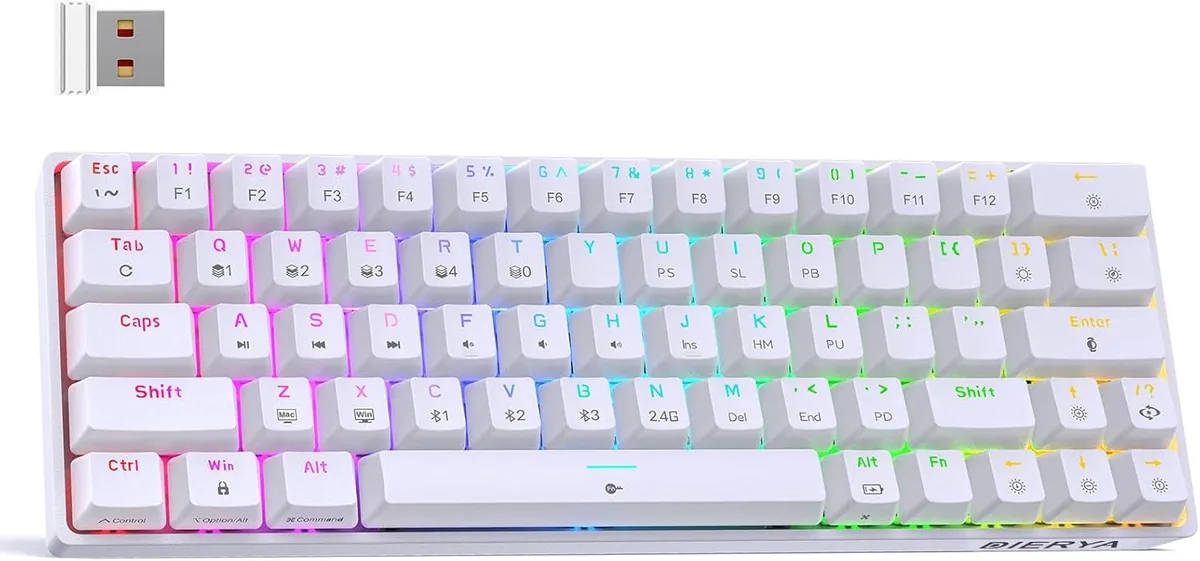 Compact white 60% mechanical keyboard with 63 keys and RGB backlighting