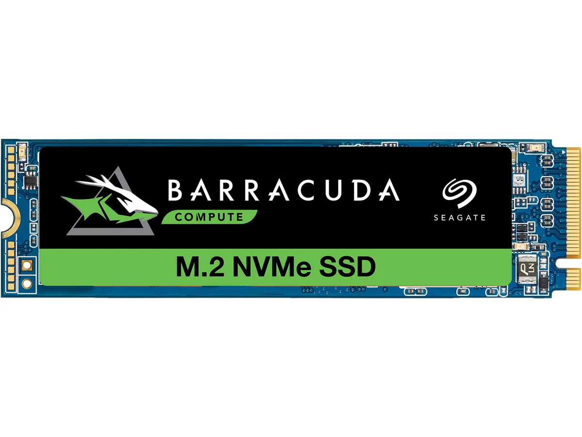 Green rectangular M.2 2280 SSD with gold edge connector and black controller chip visible