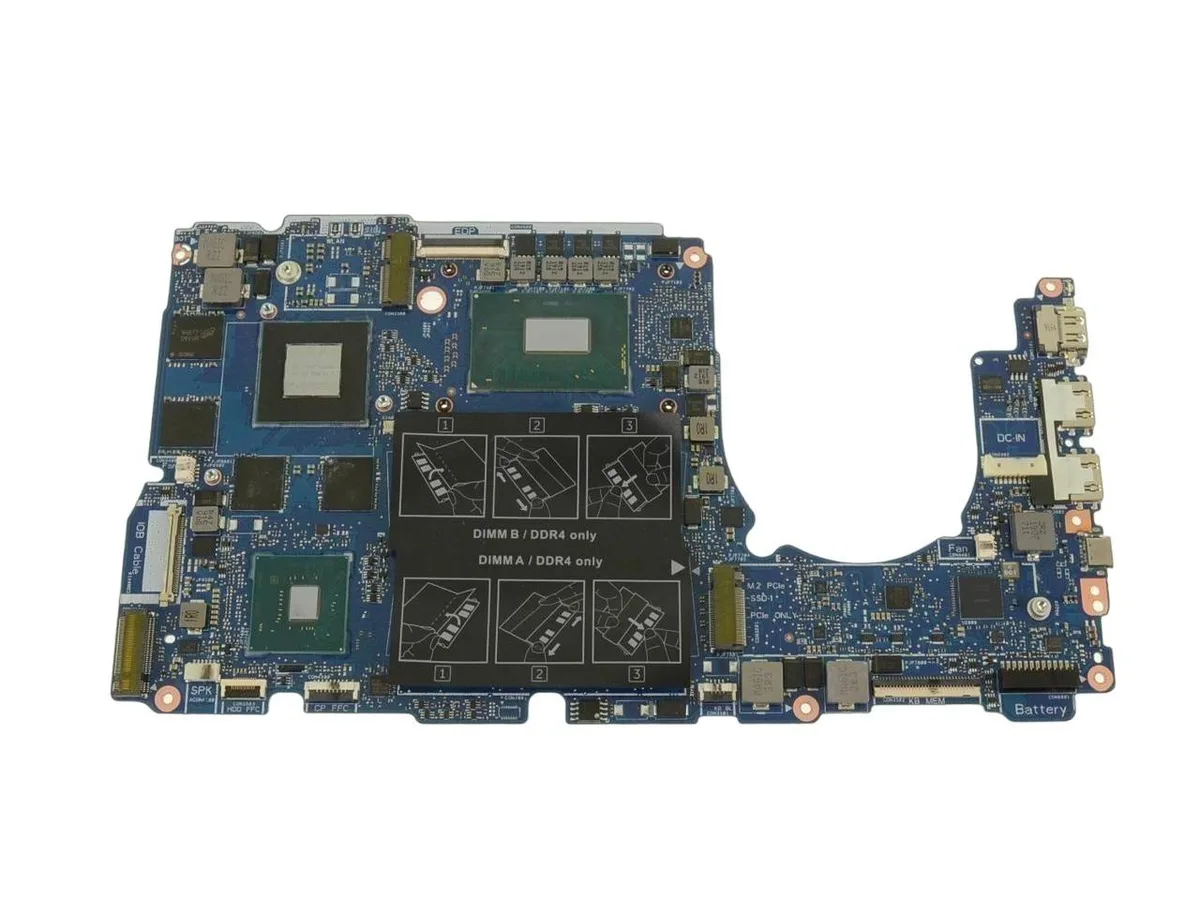 Green laptop motherboard with silver CPU cooler and black GPU heatsink