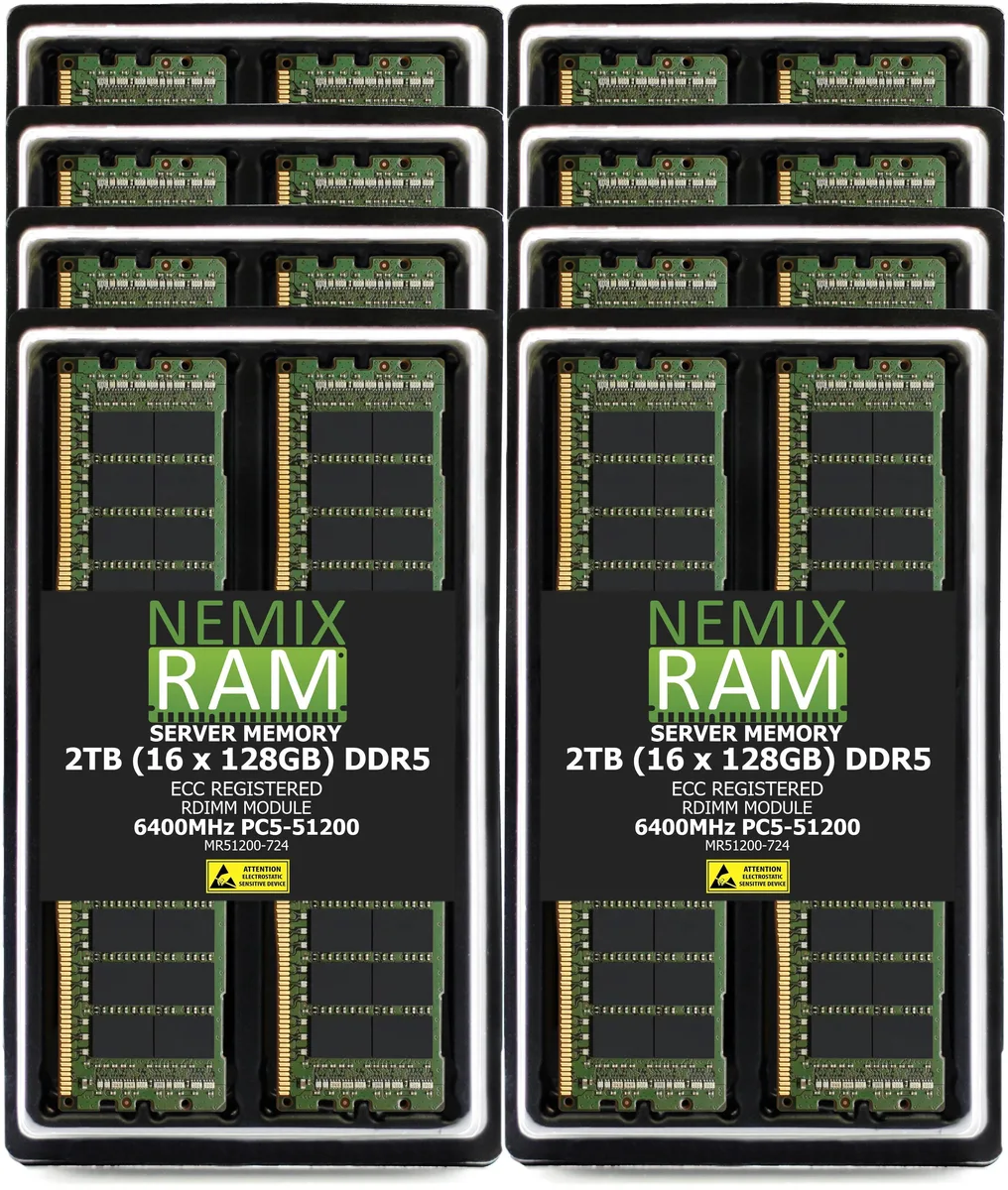 Sixteen green DDR5 RDIMM modules with silver heat spreaders and gold contacts