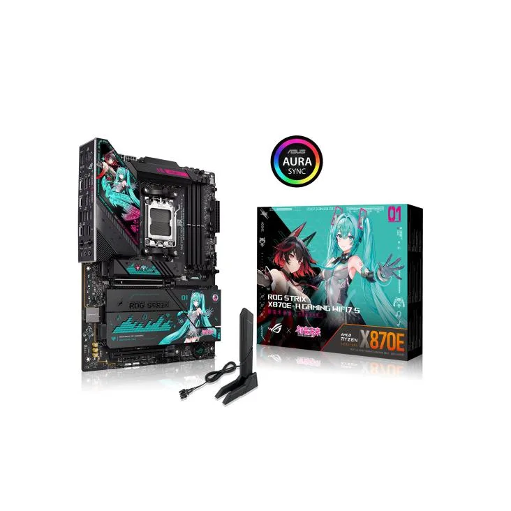 ATX motherboard with turquoise and white anime-themed accents and integrated I/O shield