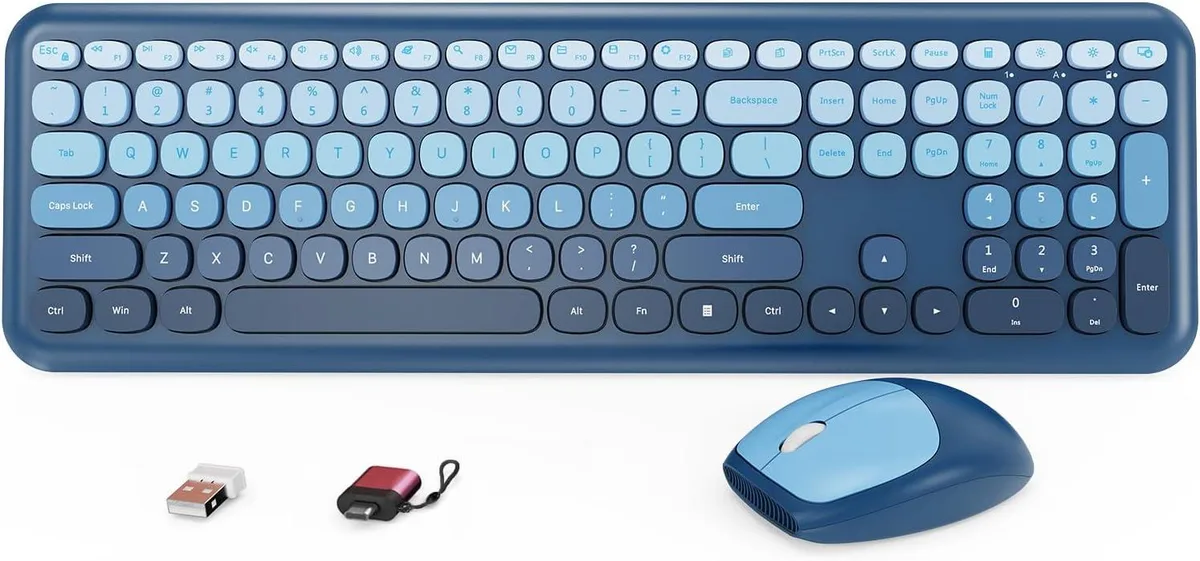 Blue full-size wireless keyboard with round keycaps, integrated palm rest, matching ergonomic mouse, single USB receiver