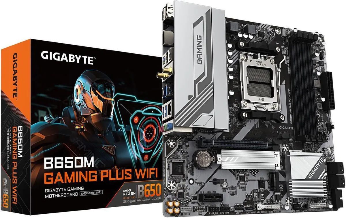 Green microATX motherboard with silver heatsinks, four black DDR5 slots, single PCIe x16 slot, M.2 shield, rear I/O with antenna ports