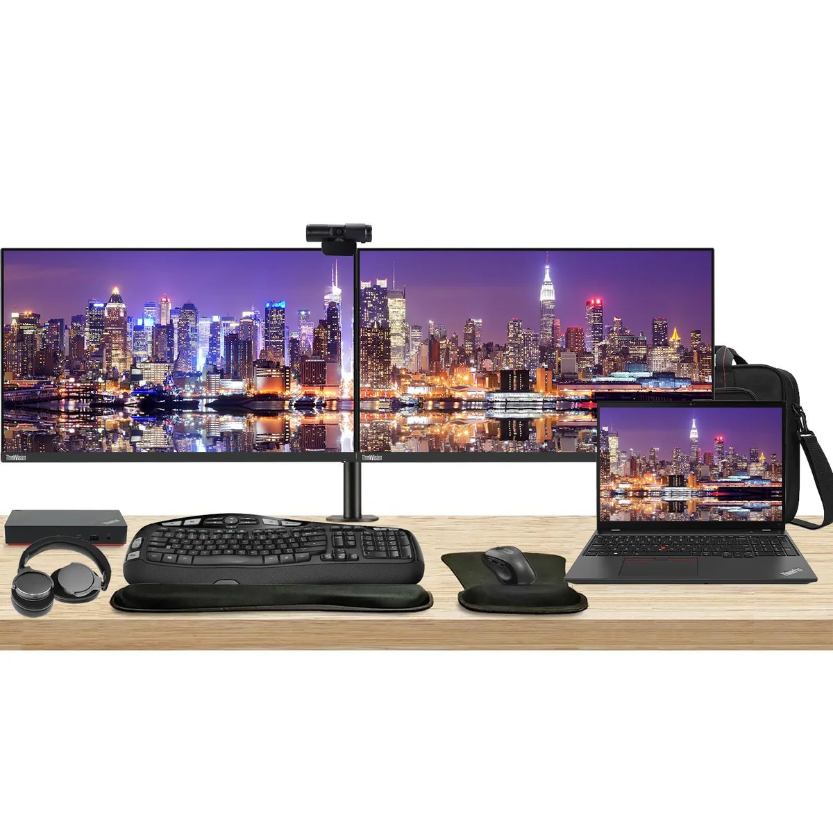 Lenovo ThinkPad T16 laptop with two 27-inch monitors on dual stand, dock, keyboard, mouse, webcam, headphones and briefcase