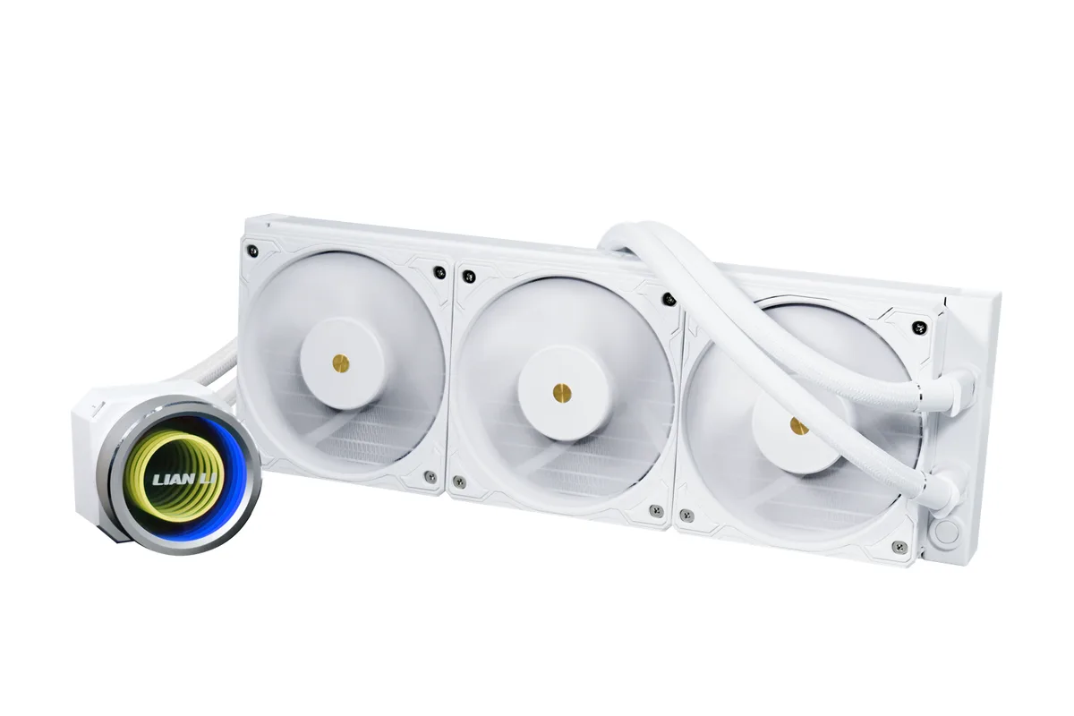 White 360 mm radiator with three 120 mm fans and matching pump block, all in white finish