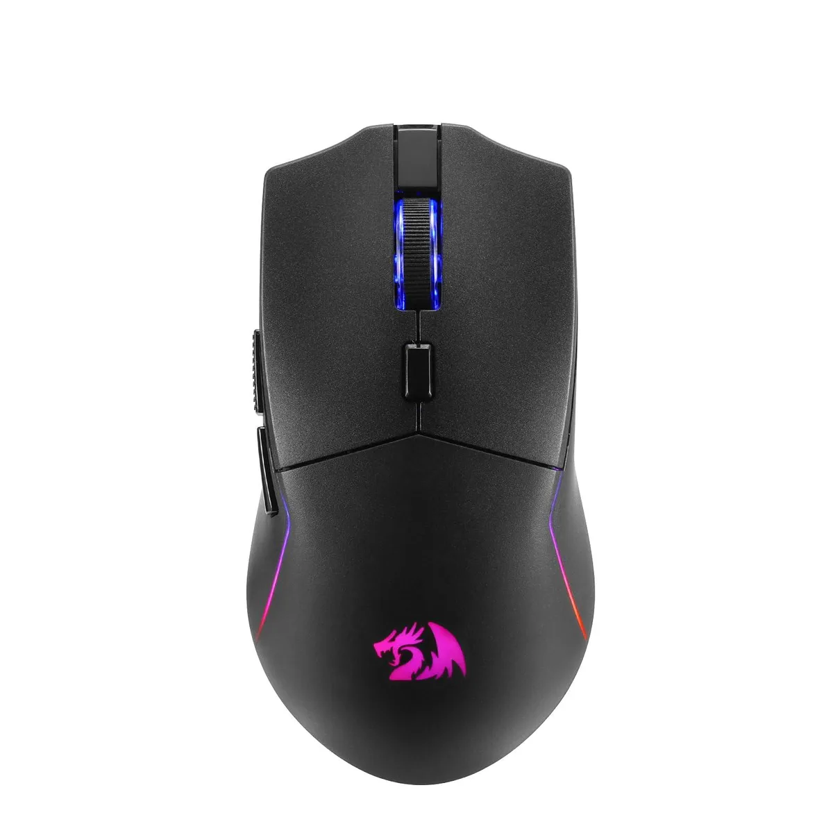 Black right-handed gaming mouse with angular lightweight shell and RGB lighting zones