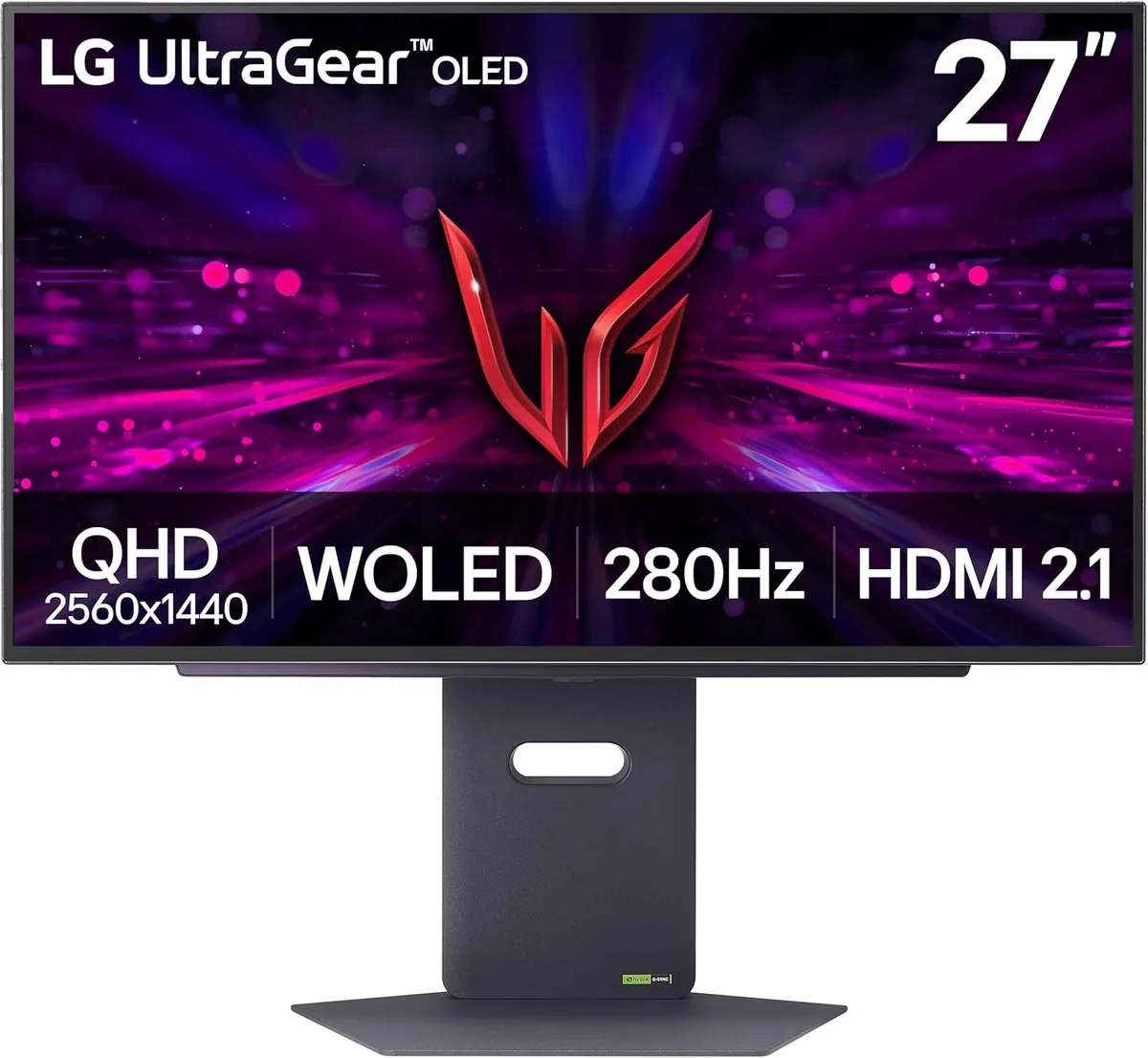 27 inch flat OLED gaming monitor with matte dark finish and adjustable stand