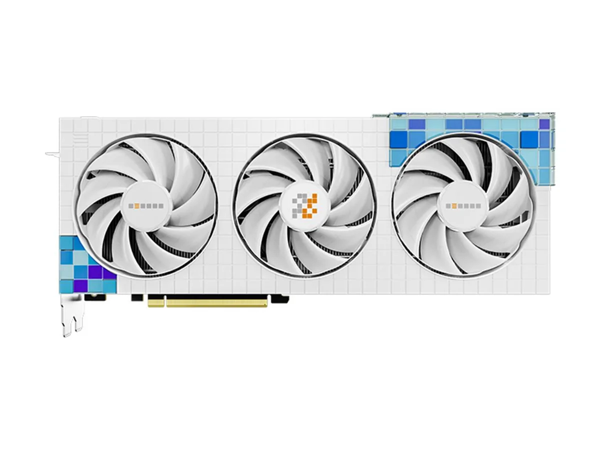 White triple-fan graphics card with silver accents and PCIe bracket