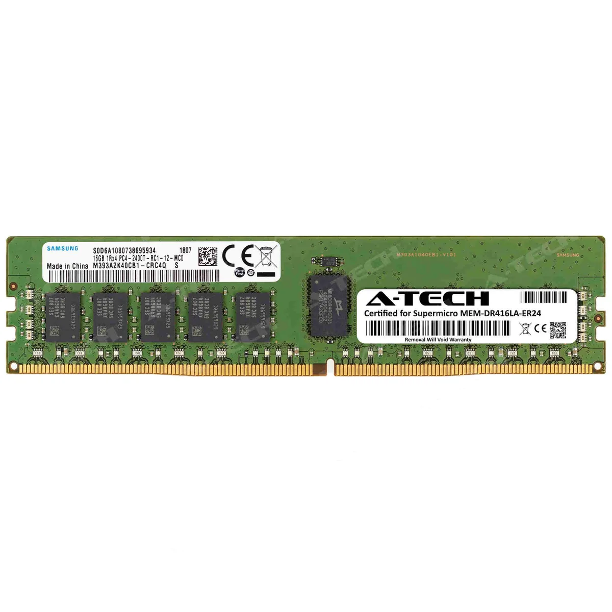 Green circuit board with black memory chips and gold edge connectors