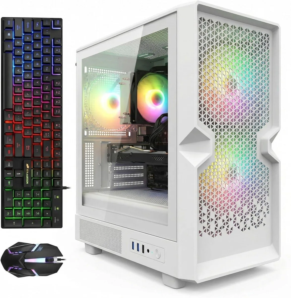 Black tower gaming PC with three RGB fans visible behind tempered glass side panel