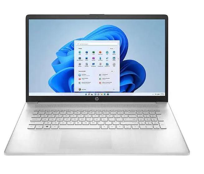 Silver 17.3 inch laptop open showing backlit keyboard and anti-glare screen