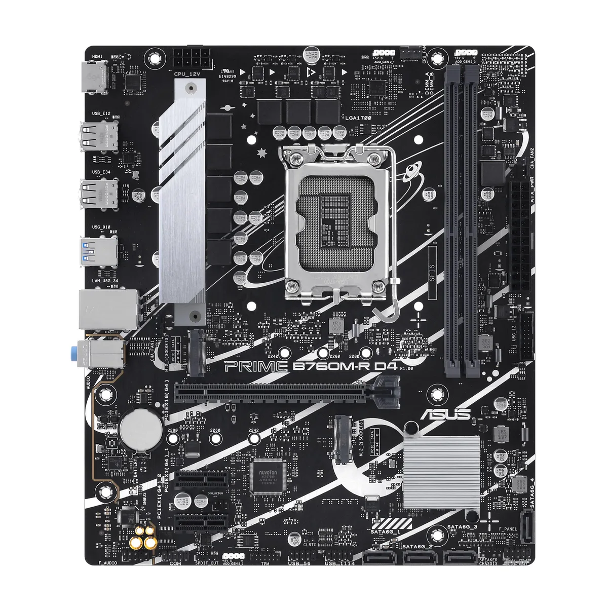 ASUS PRIME B760M-R D4 micro ATX motherboard in black with silver heatsinks