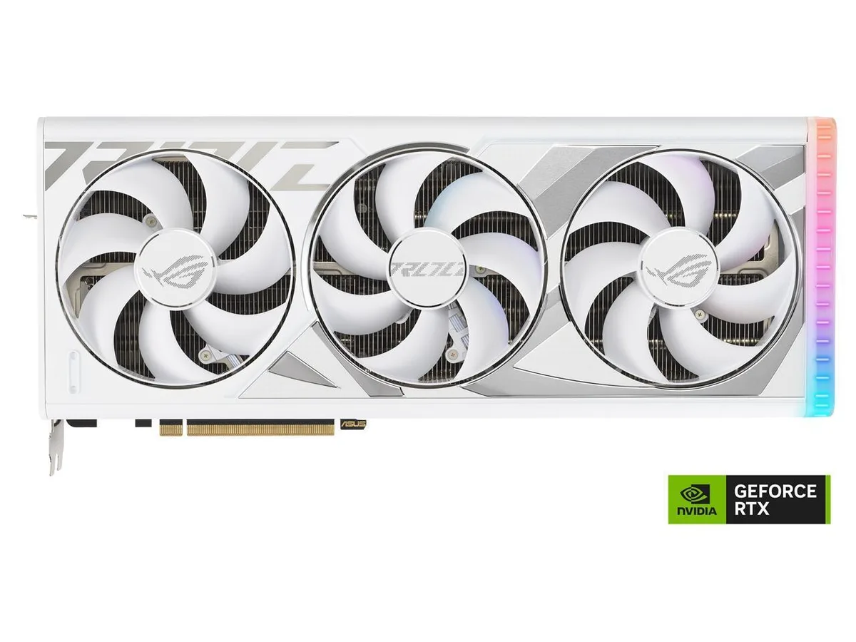 White triple-fan graphics card with diecast shroud, vented backplate and 3.5-slot cooler