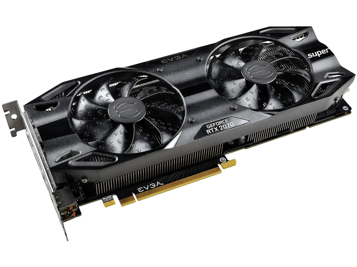 Black dual-fan graphics card, two-slot metal shroud, exposed heatsink fins, PCIe bracket with one HDMI and three DisplayPort outputs