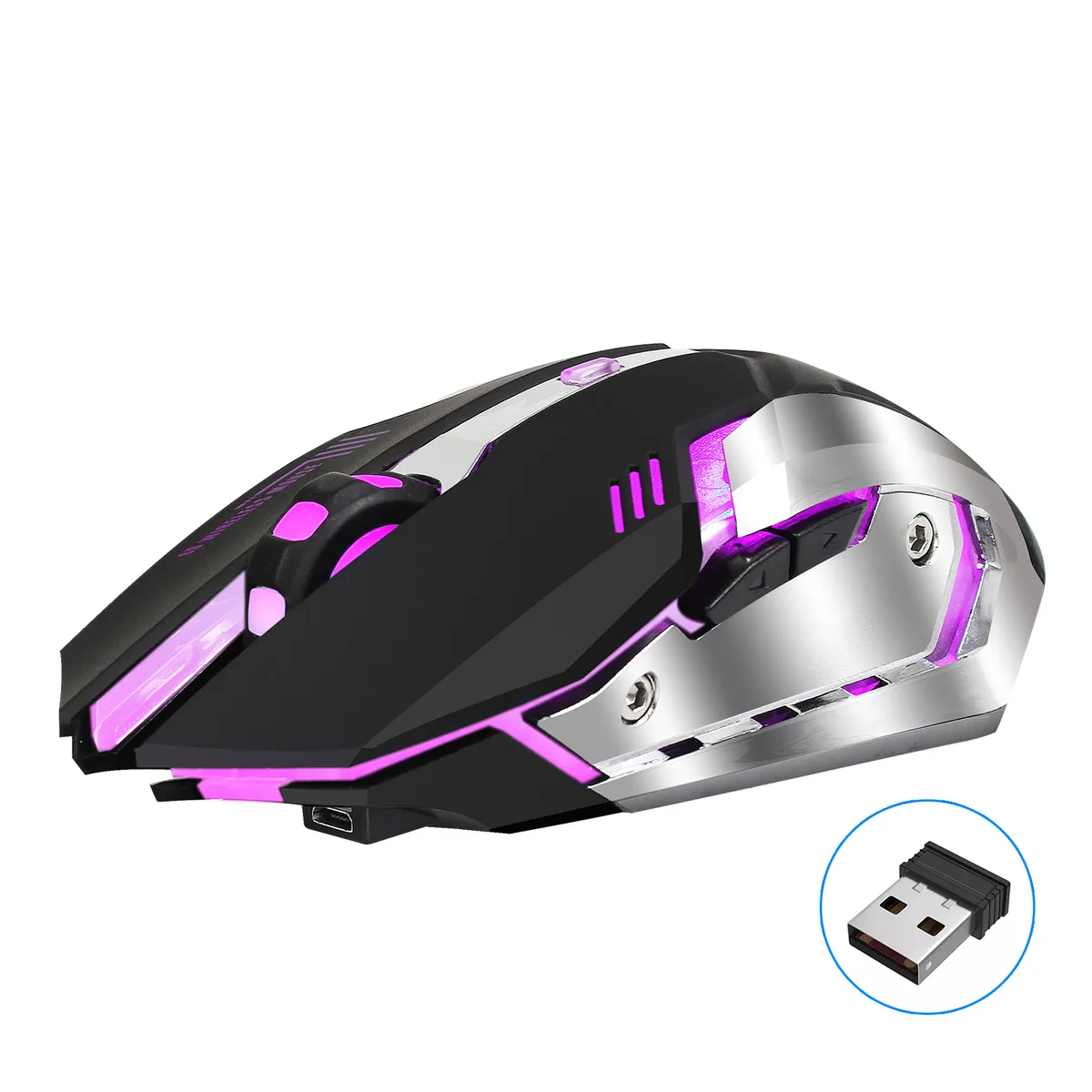 Black ergonomic wireless gaming mouse with six buttons and scroll wheel