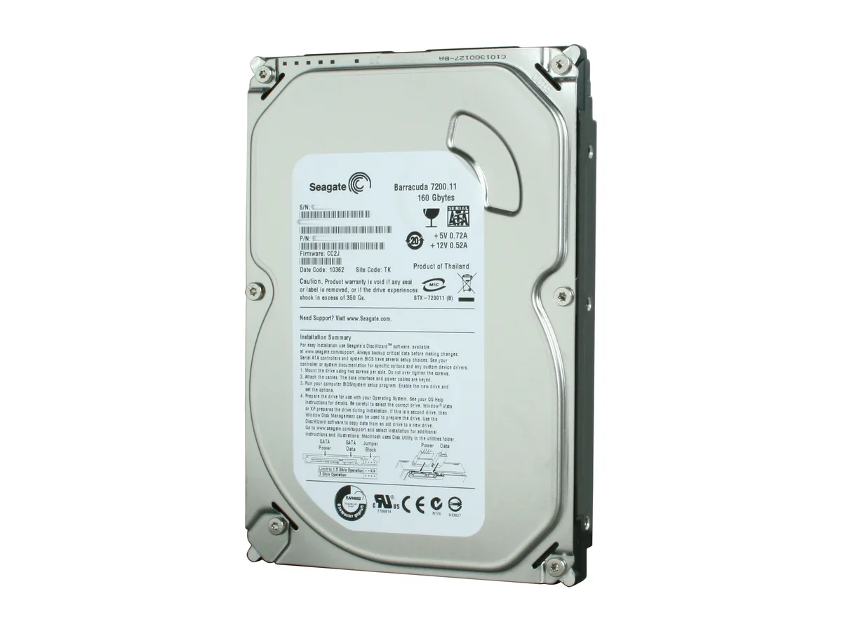 Silver 3.5-inch bare SATA hard drive with circuit board visible