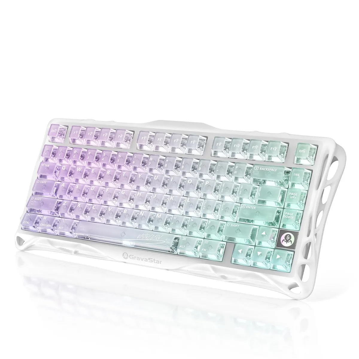 Translucent 75 percent keyboard in Crystal Aurora pink and blue, open skeletal frame, RGB glow