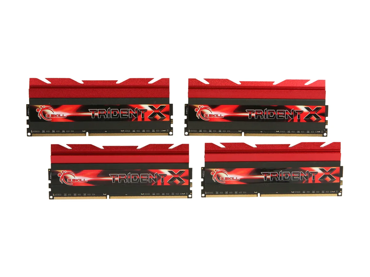 Four black DDR3 modules with tall finned heat spreaders and red TridentX branding