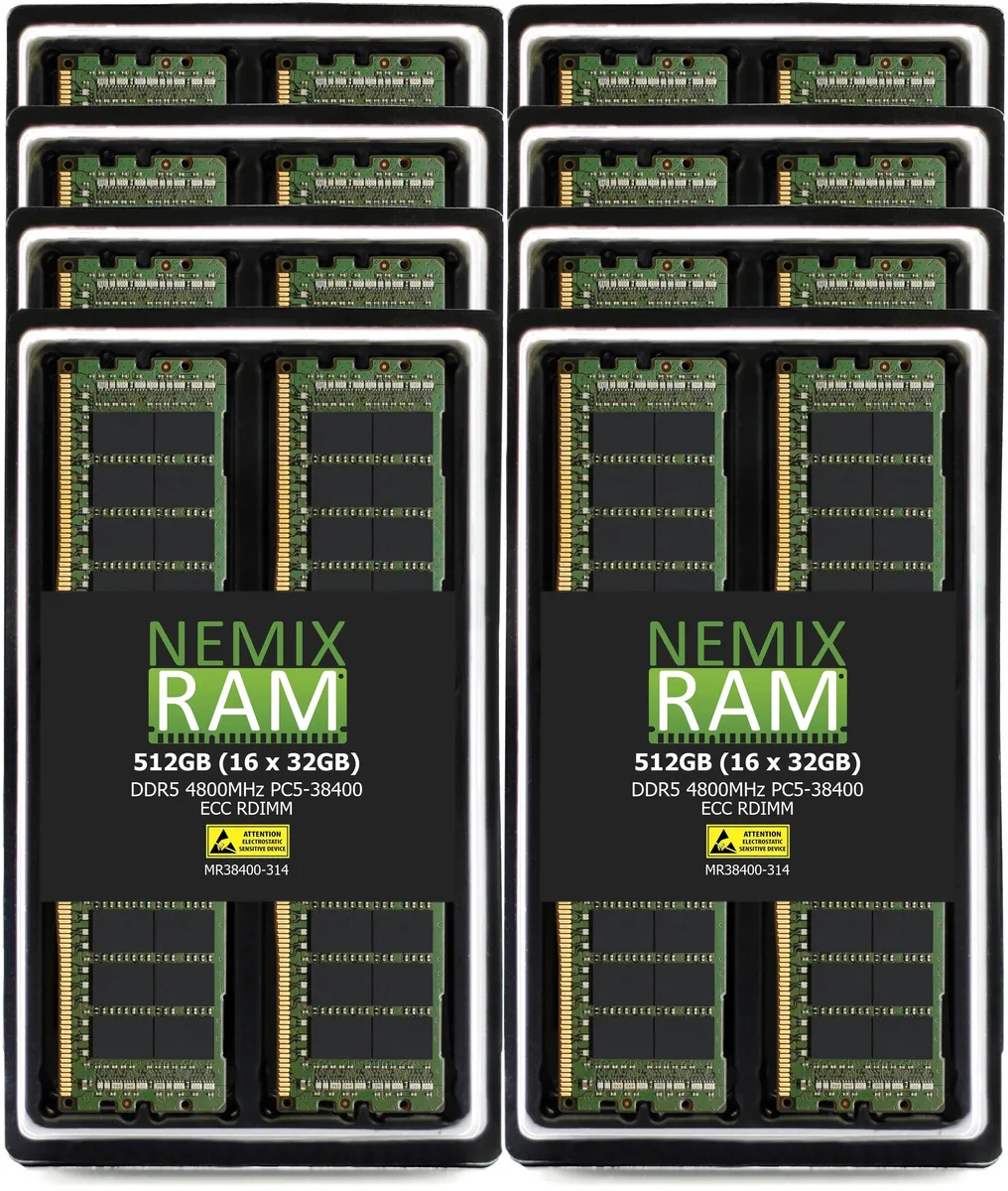 Sixteen green DDR5 RDIMM modules in anti-static tray