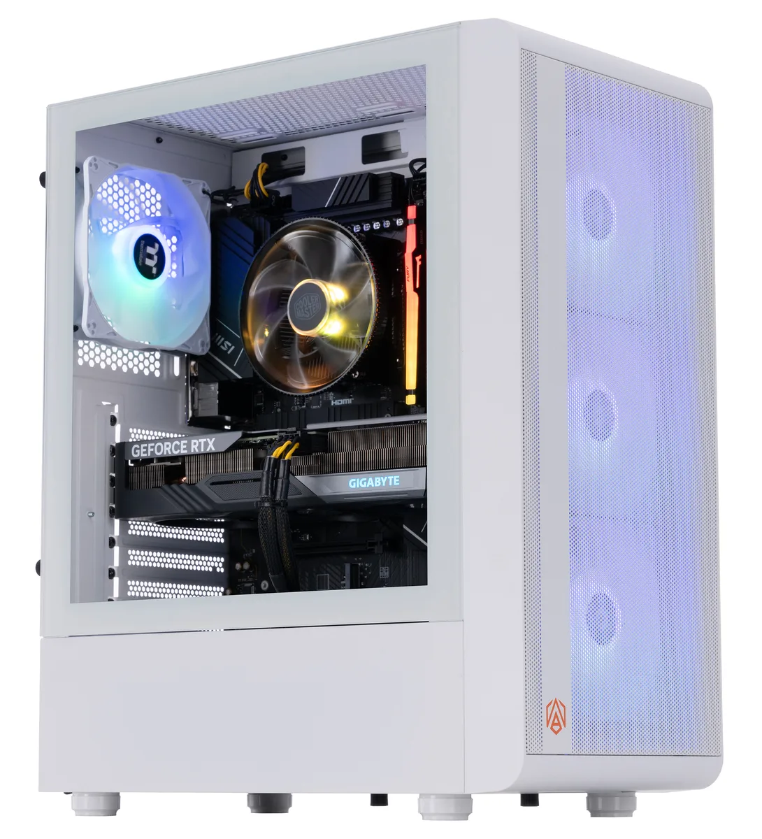 White mid-tower desktop with RGB lighting visible inside