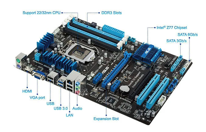 ATX motherboard in black and blue with silver heatsinks and rear I/O panel