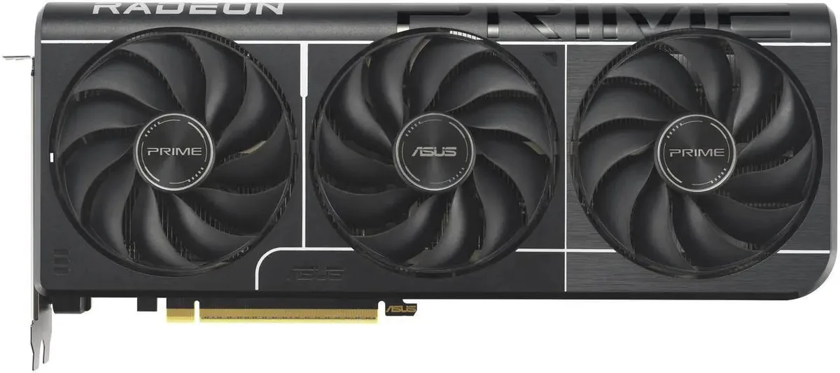 Black ASUS PRIME Radeon RX 9060 XT graphics card with dual axial fans and metal backplate