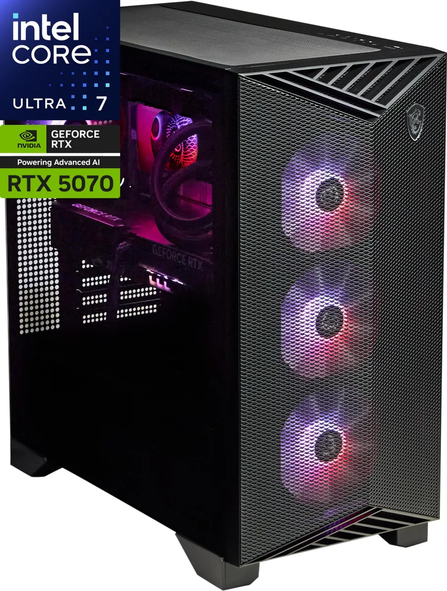 Black mid-tower gaming desktop with tempered glass side panel and liquid cooling visible