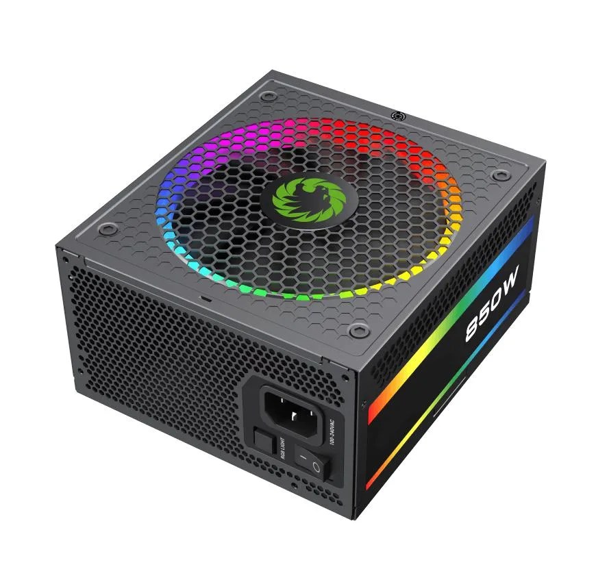 Rectangular black ATX power supply, 140mm ARGB fan, fully modular flat cables