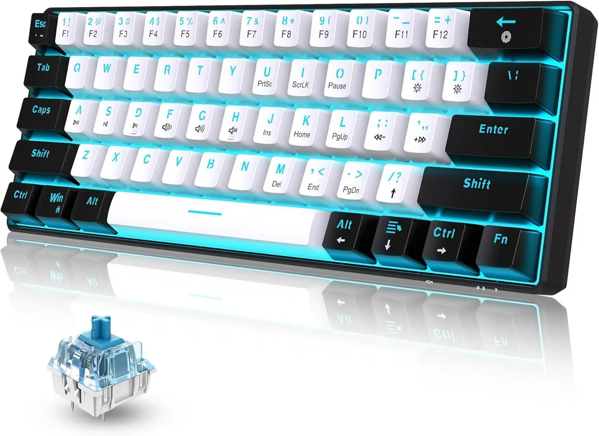 TUKO TUKO 60% Wired Mechanical Gaming Keyboard 61 Keys Black-White Blue Switches Ice Blue LED — produktbild