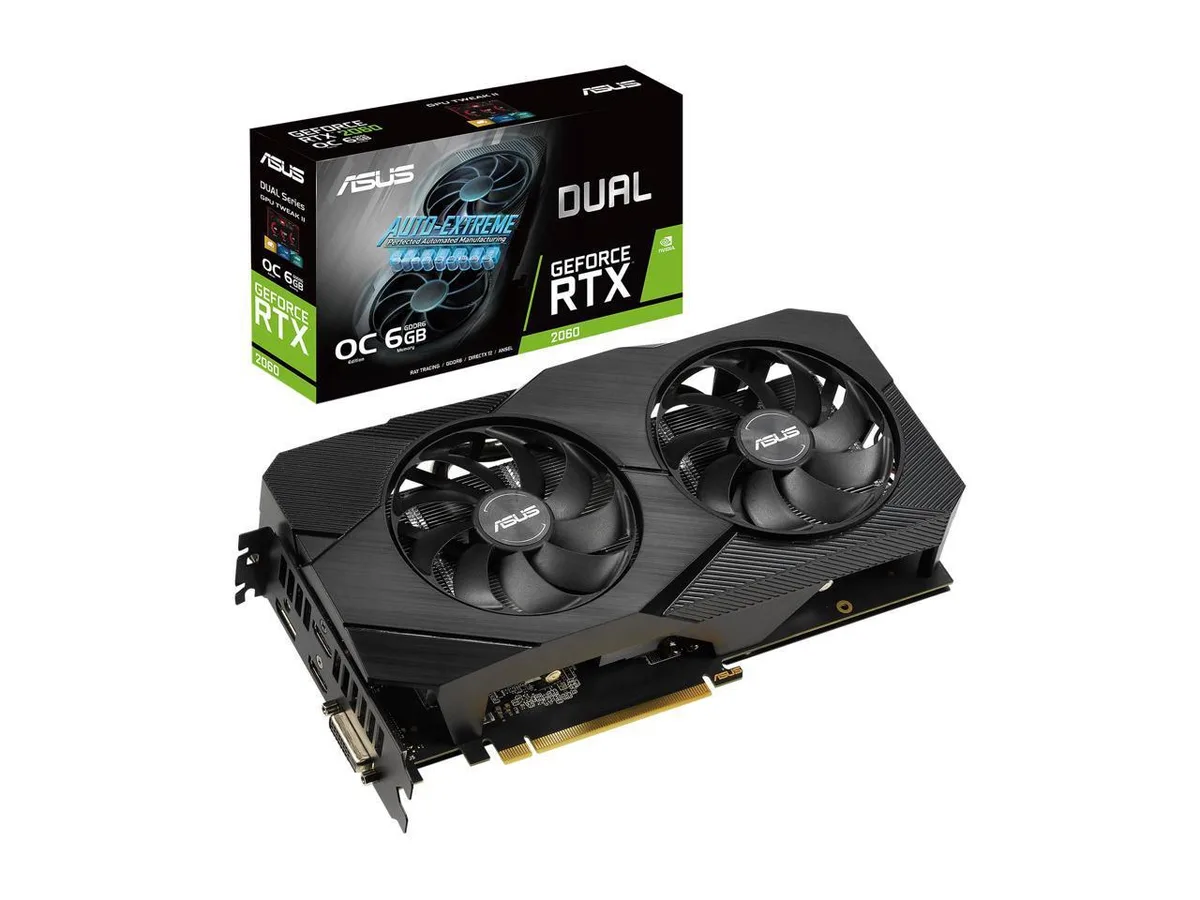 ASUS Dual RTX 2060 graphics card with two axial fans, silver shroud and black backplate
