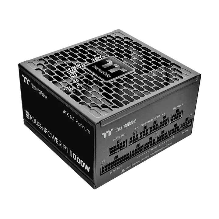 Black rectangular power supply with flat etched cables and a 135mm fan