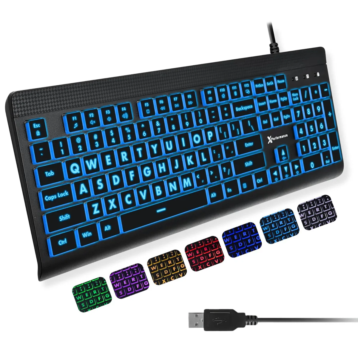 Full-size 107-key keyboard with oversized bold legends and 7-color backlight