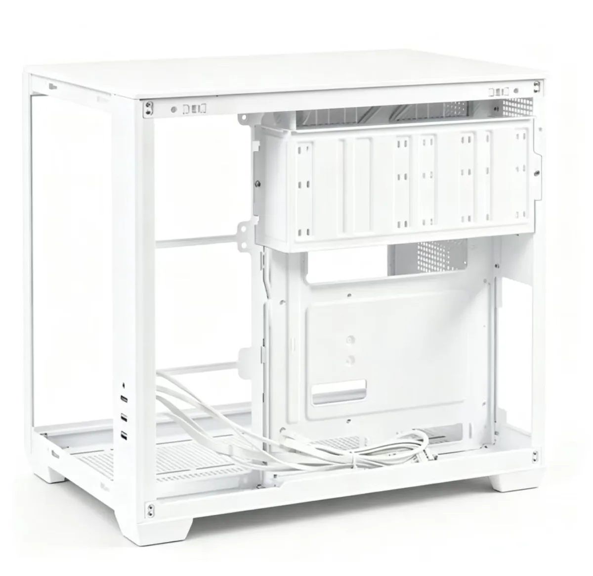 White mid-tower PC case with tempered glass side panel, column-free interior, removable drive trays and mortise-and-tenon frame